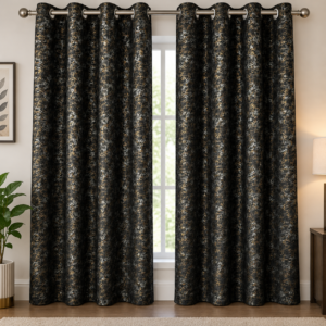 Marbled Black Curtains in a Bright Living Room Velvet Curtain - Black Texture