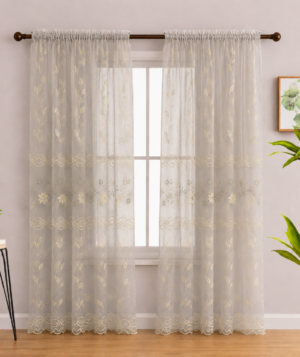 Sheer Embroidered Rod Pocket Curtain - Golden