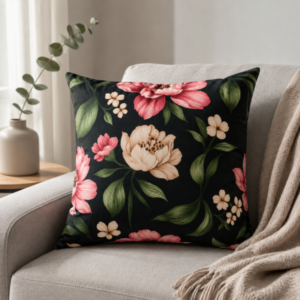 Midnight Bloom Velvet Floral Cushion Cover